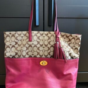 Coach Pink and Brown Signature Tote with Gold Hardware
